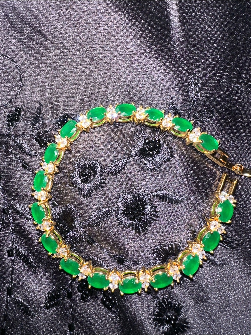 Gold-Plated Green Oval Stone Tennis Bracelet - Women Jewelry